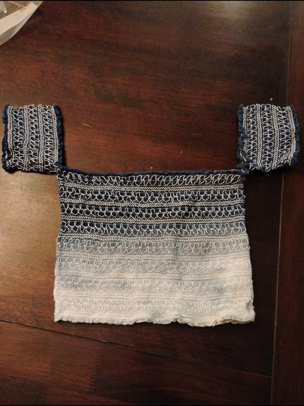 Smocked Off-Shoulder Ombre Crop Top in Navy and White